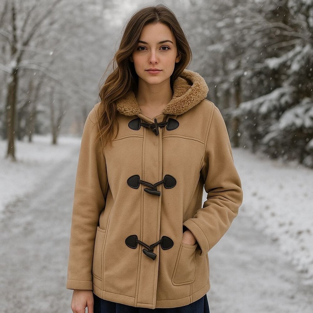 Nautica Mid Length Coat Tan Zip Toggle Closure Faux Shearling Hooded Pockets